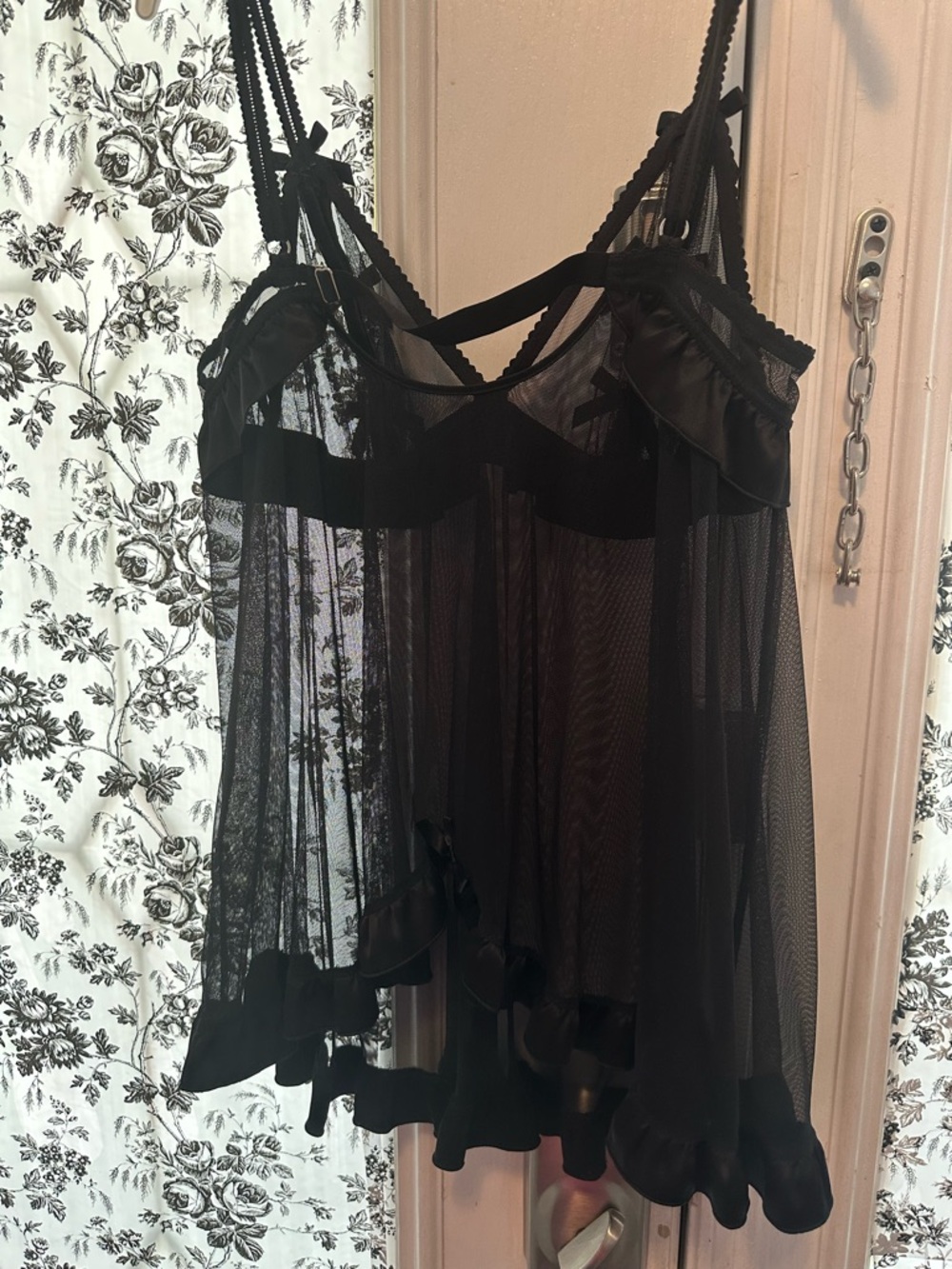 Victoria's Secret Black Sheer Lace Ruffle Babydoll Chemise
